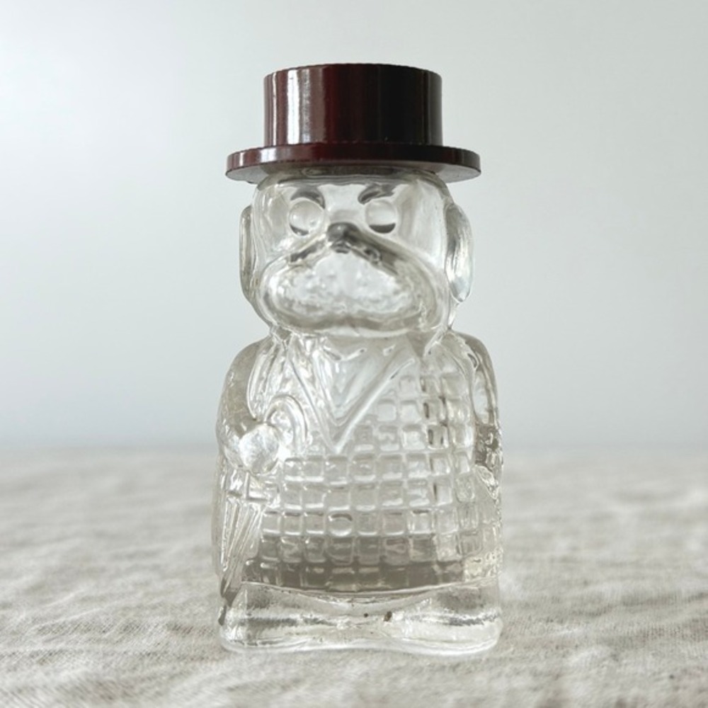 Vintage Bulldog Figural Glass Perfume Bottle Clear Brown Top Hat Miniature Decor
